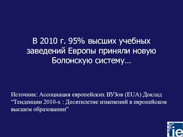 В 2010 г. 95% высших учебных заведений Европы приняли новую Болонскую систему…