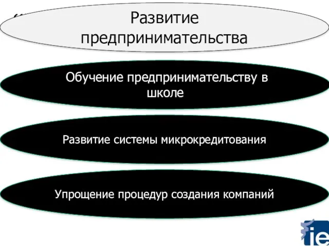 “Humboldtian Faculty” Развитие предпринимательства Обучение предпринимательству в школе Развитие системы микрокредитования Упрощение процедур создания компаний