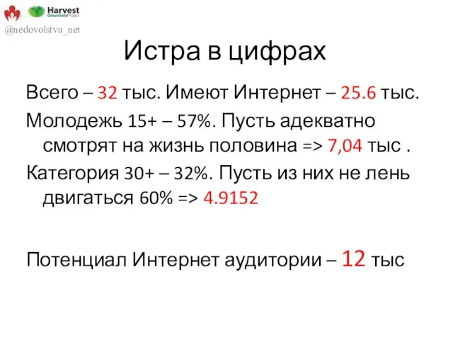 Истра в цифрах Всего – 32 тыс. Имеют Интернет – 25.6 тыс.