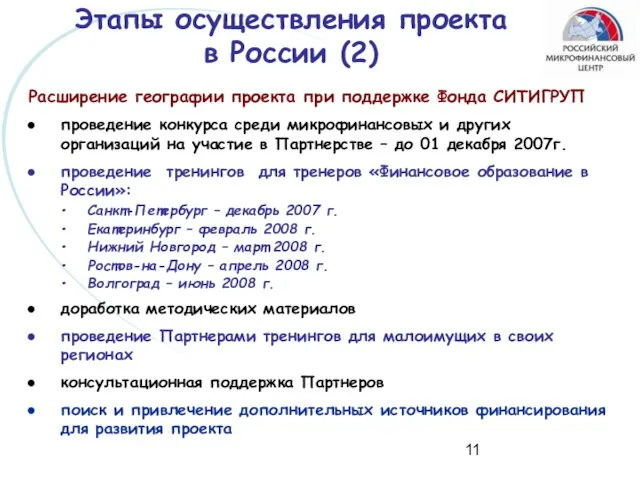 Расширение географии проекта при поддержке Фонда СИТИГРУП проведение конкурса среди микрофинансовых и