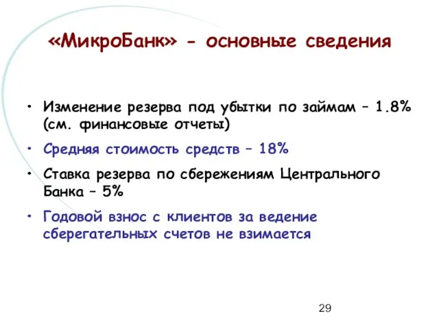 «МикроБанк» - основные сведения Изменение резерва под убытки по займам – 1.8%