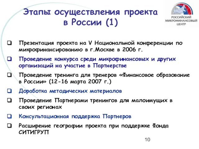 Презентация проекта на V Национальной конференции по микрофинансированию в г.Москве в 2006