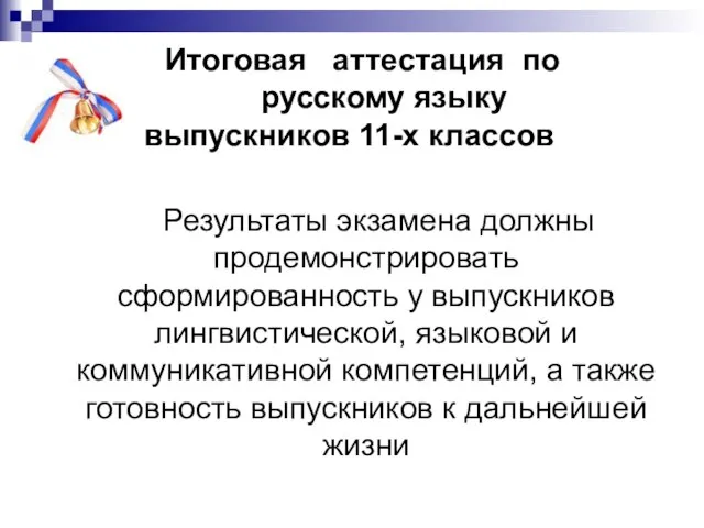 Итоговая аттестация по русскому языку выпускников 11-х классов Результаты экзамена должны продемонстрировать