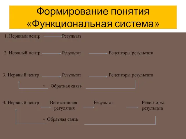 Формирование понятия «Функциональная система» 1. Нервный центр Результат 2. Нервный центр Результат