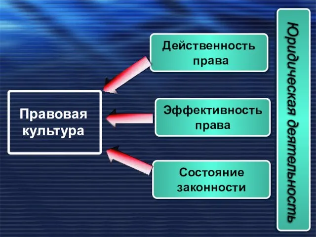 Правовая культура Действенность права Эффективность права Состояние законности Юридическая деятельность