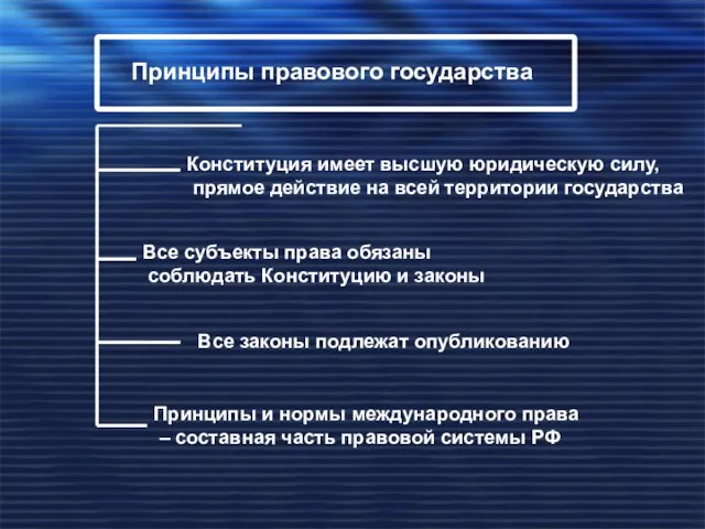 Принципы правового государства Конституция имеет высшую юридическую силу, прямое действие на всей