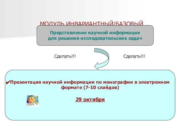 МОДУЛЬ ИНВАРИАНТНЫЙ/БАЗОВЫЙ Презентация научной информации по монографии в электронном формате (7-10 слайдов)