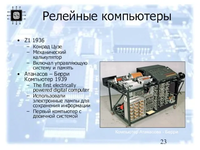 Релейные компьютеры Z1 1936 Конрад Цузе Механический калькулятор Включал управляющую систему и