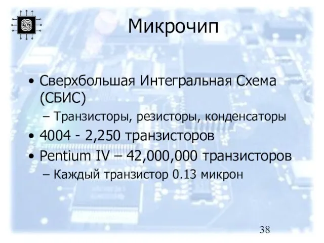 Микрочип Сверхбольшая Интегральная Схема (СБИС) Транзисторы, резисторы, конденсаторы 4004 - 2,250 транзисторов