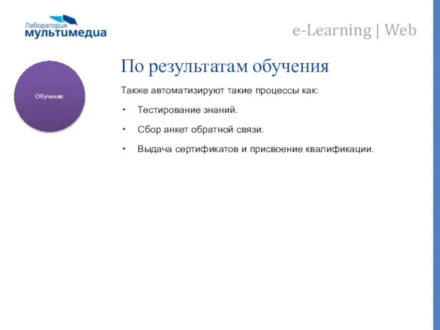 По результатам обучения Также автоматизируют такие процессы как: Тестирование знаний. Сбор анкет