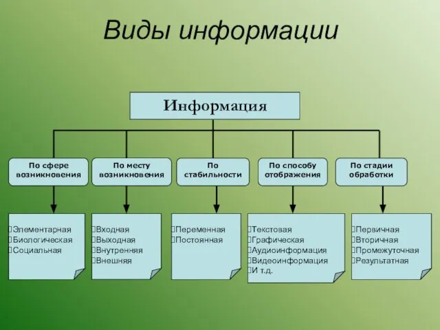 Виды информации Информация По месту возникновения По стабильности По стадии обработки По