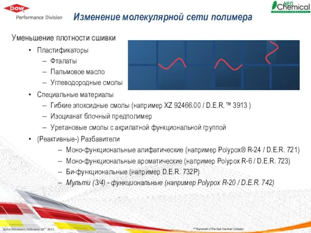 Изменение молекулярной сети полимера Уменьшение плотности сшивки Пластификаторы Фталаты Пальмовое масло Углеводородные