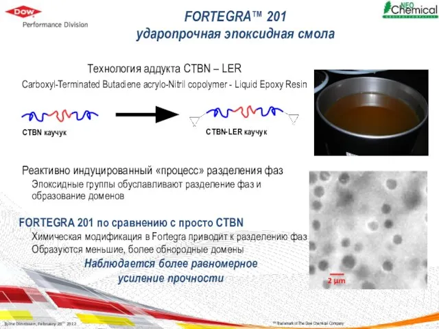 FORTEGRA™ 201 ударопрочная эпоксидная смола Технология аддукта CTBN – LER Carboxyl-Terminated Butadiene