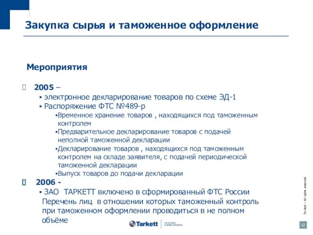 Закупка сырья и таможенное оформление Мероприятия 2005 – электронное декларирование товаров по