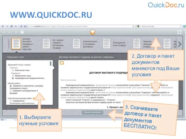 WWW.QUICKDOC.RU 1. Выбираете нужные условия 2. Договор и пакет документов меняются под