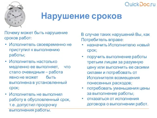 Нарушение сроков Почему может быть нарушение сроков работ: Исполнитель своевременно не приступил