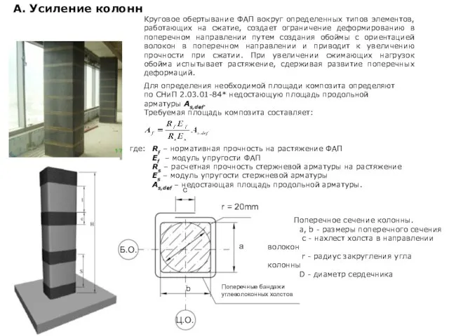 А. Усиление колонн Для определения необходимой площади композита определяют по СНиП 2.03.01-84*