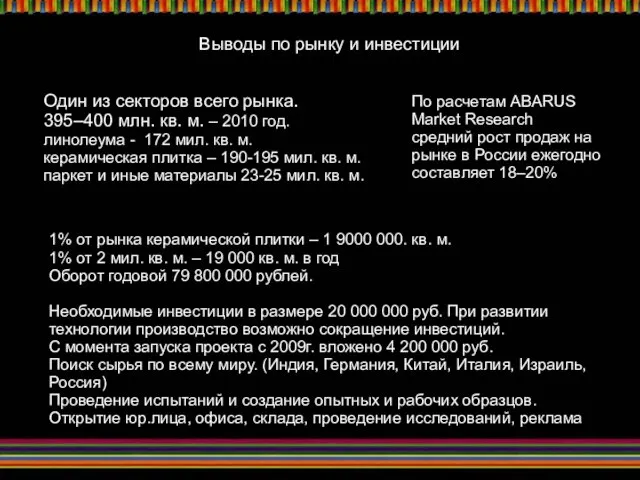 Выводы по рынку и инвестиции Один из секторов всего рынка. 395–400 млн.