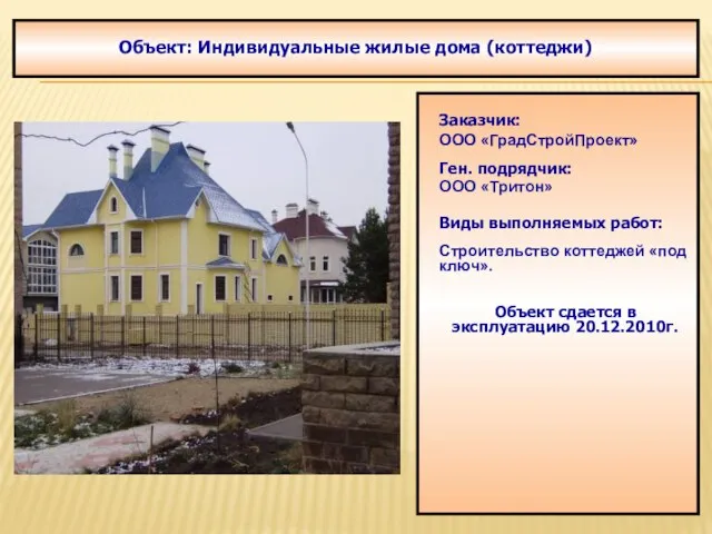 Объект: Индивидуальные жилые дома (коттеджи) Заказчик: ООО «ГрадСтройПроект» Ген. подрядчик: ООО «Тритон»