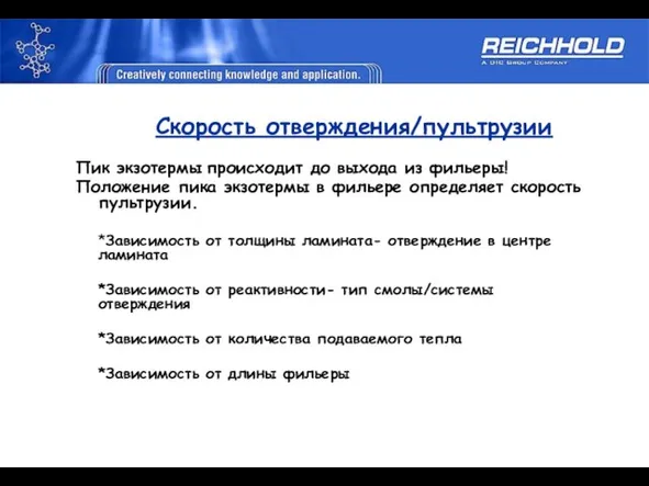 Скорость отверждения/пультрузии Пик экзотермы происходит до выхода из фильеры! Положение пика экзотермы