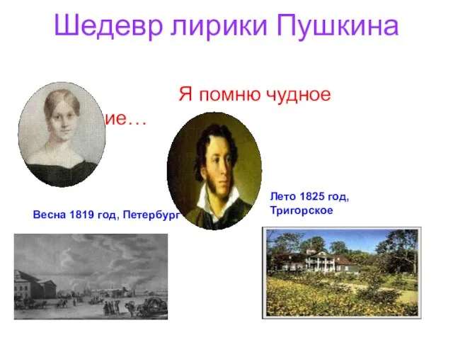 Шедевр лирики Пушкина Я помню чудное мгновение… Лето 1825 год, Тригорское Весна 1819 год, Петербург