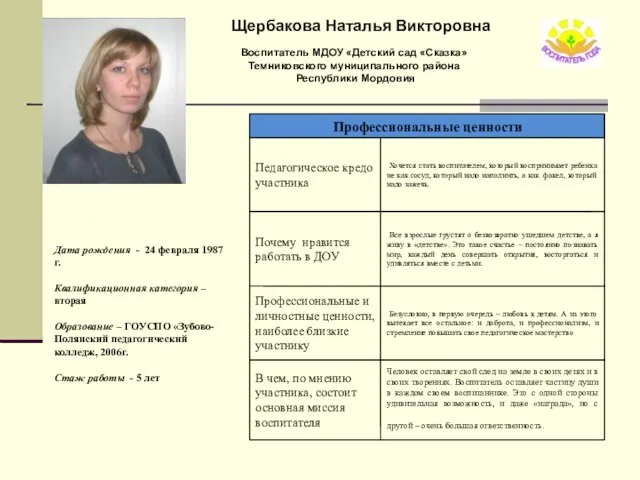 Щербакова Наталья Викторовна Воспитатель МДОУ «Детский сад «Сказка» Темниковского муниципального района Республики