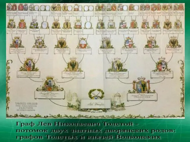Граф Лев Николаевич Толстой - потомок двух знатных дворянских родов: графов Толстых и князей Волконских