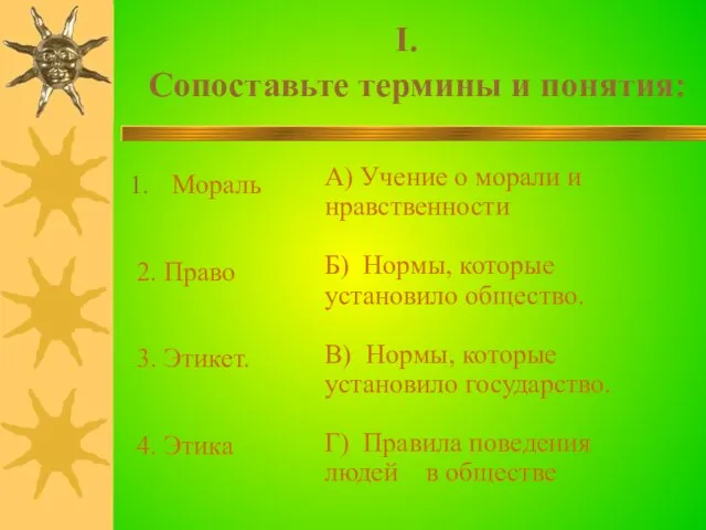 I. Сопоставьте термины и понятия: Мораль 2. Право 3. Этикет. 4. Этика