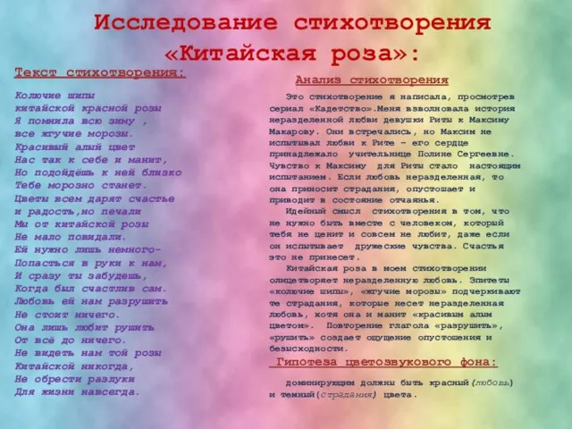 Исследование стихотворения «Китайская роза»: Текст стихотворения: Колючие шипы китайской красной розы Я