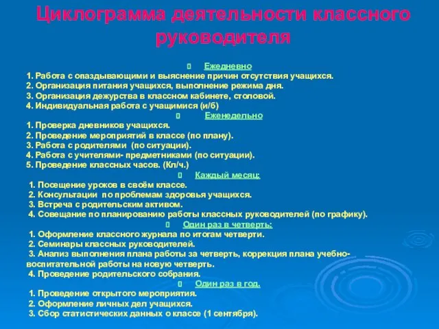 Циклограмма деятельности классного руководителя Ежедневно 1. Работа с опаздывающими и выяснение причин