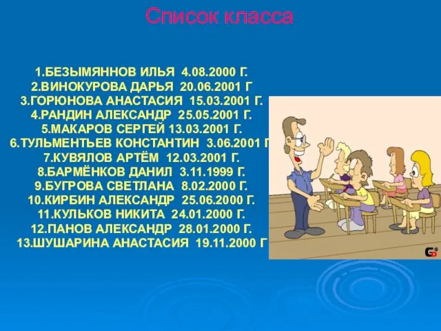 Список класса 1.БЕЗЫМЯННОВ ИЛЬЯ 4.08.2000 Г. 2.ВИНОКУРОВА ДАРЬЯ 20.06.2001 Г 3.ГОРЮНОВА АНАСТАСИЯ