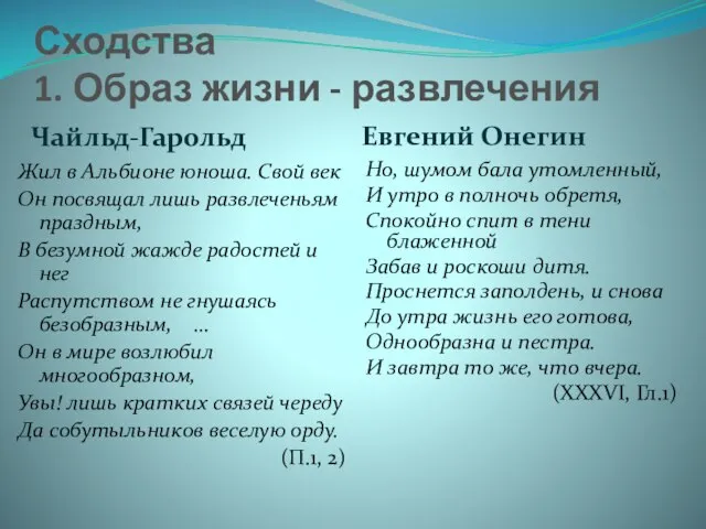 Сходства 1. Образ жизни - развлечения Чайльд-Гарольд Евгений Онегин Жил в Альбионе