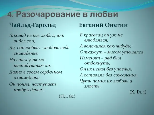 4. Разочарование в любви Чайльд-Гарольд Евгений Онегин Гарольд не раз любил, иль