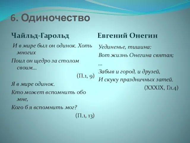 6. Одиночество Чайльд-Гарольд Евгений Онегин И в мире был он одинок. Хоть