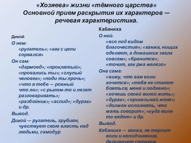 «Хозяева» жизни «тёмного царства» Основной прием раскрытия их характеров — речевая характеристика.