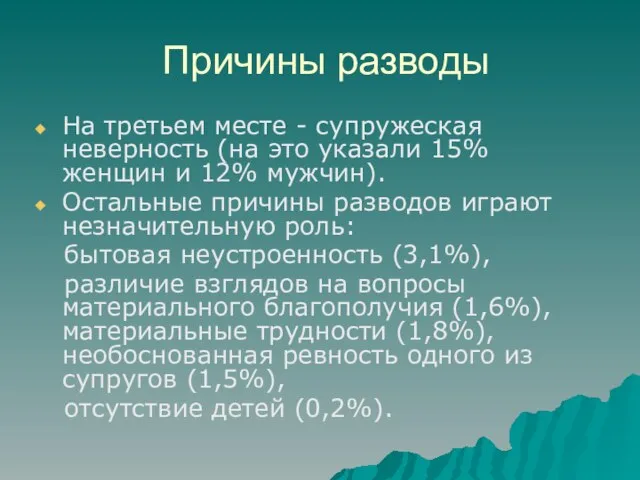 Причины разводы На третьем месте - супружеская неверность (на это указали 15%