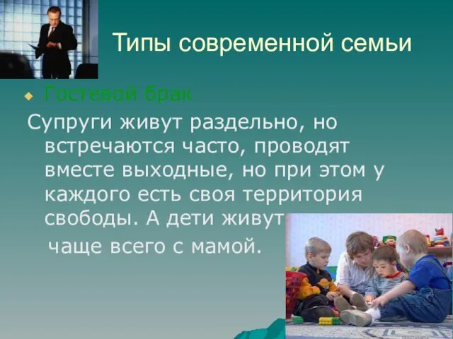 Типы современной семьи Гостевой брак Супруги живут раздельно, но встречаются часто, проводят