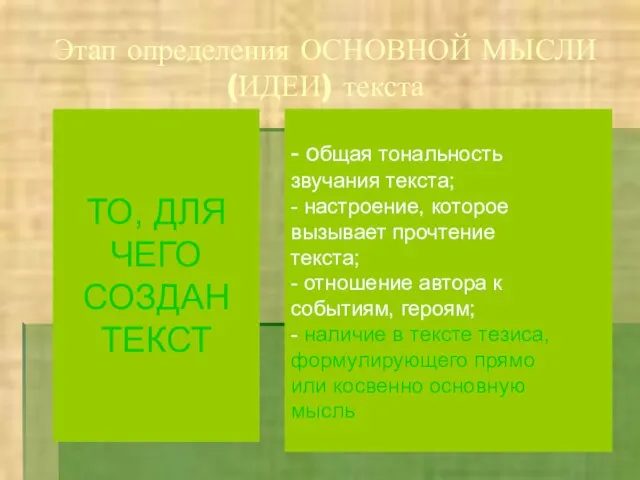 Этап определения ОСНОВНОЙ МЫСЛИ (ИДЕИ) текста - общая тональность звучания текста; -