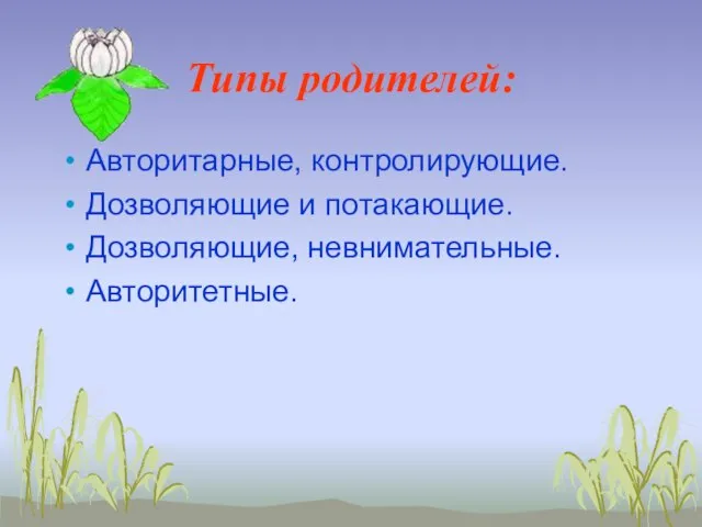 Типы родителей: Авторитарные, контролирующие. Дозволяющие и потакающие. Дозволяющие, невнимательные. Авторитетные.