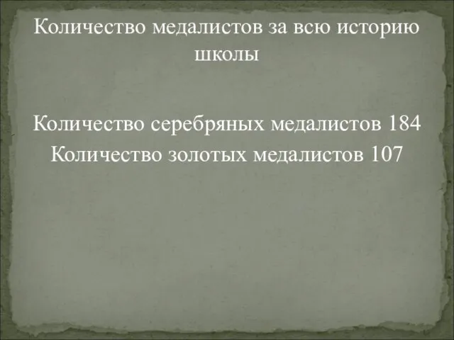 Количество серебряных медалистов 184 Количество золотых медалистов 107 Количество медалистов за всю историю школы