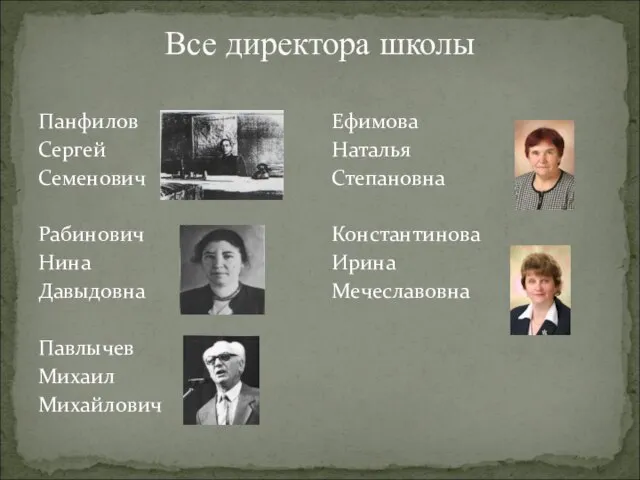 Все директора школы Панфилов Сергей Семенович Рабинович Нина Давыдовна Павлычев Михаил Михайлович