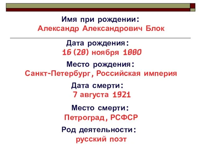 Имя при рождении: Александр Александрович Блок Дата рождения: 16 (28) ноября 1880