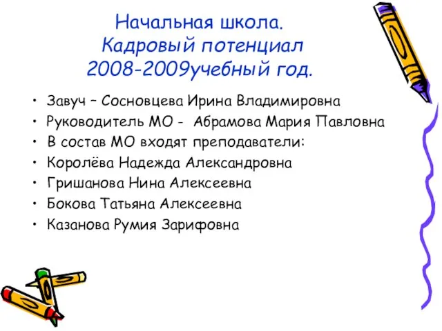 Начальная школа. Кадровый потенциал 2008-2009учебный год. Завуч – Сосновцева Ирина Владимировна Руководитель