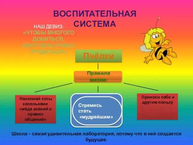 ВОСПИТАТЕЛЬНАЯ СИСТЕМА НАШ ДЕВИЗ: «ЧТОБЫ МНОГОГО ДОБИТЬСЯ, КАК ПЧЕЛА НУЖНО ТРУДИТЬСЯ!» Пчёлки