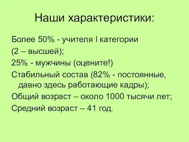 Наши характеристики: Более 50% - учителя I категории (2 – высшей); 25%