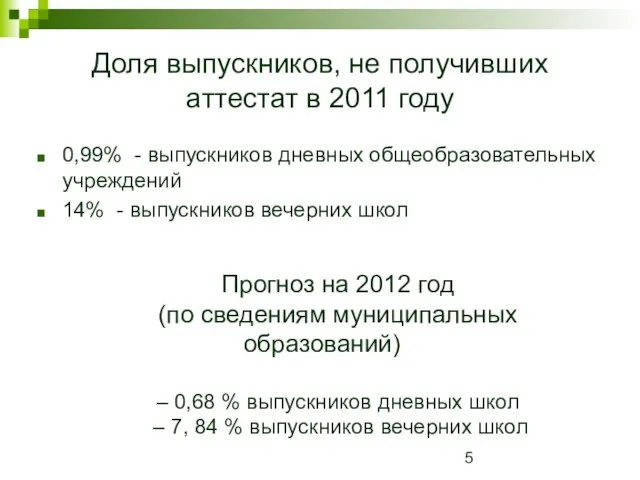 Доля выпускников, не получивших аттестат в 2011 году 0,99% - выпускников дневных