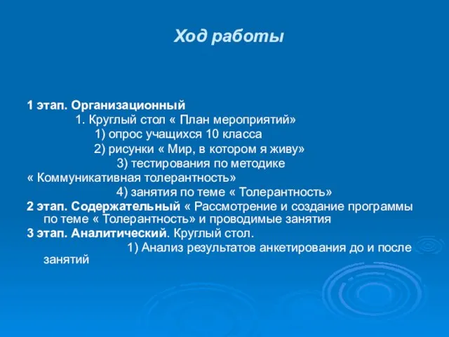 Ход работы 1 этап. Организационный 1. Круглый стол « План мероприятий» 1)