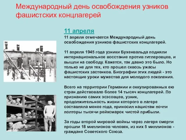 Международный день освобождения узников фашистских концлагерей Смотреть другие международные праздники