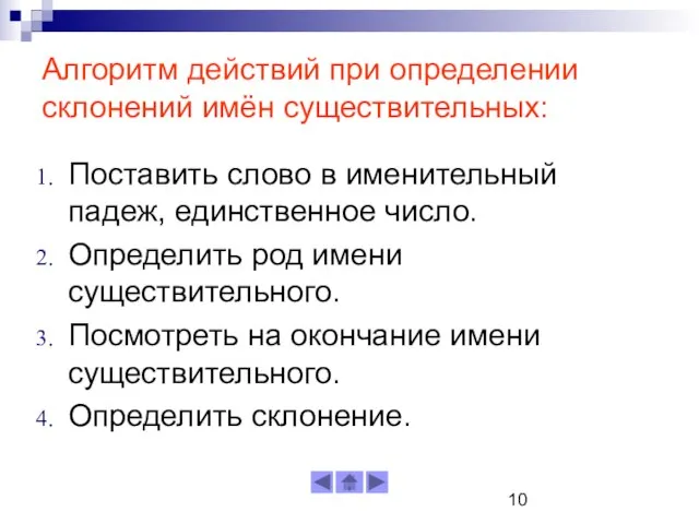 Алгоритм действий при определении склонений имён существительных: Поставить слово в именительный падеж,