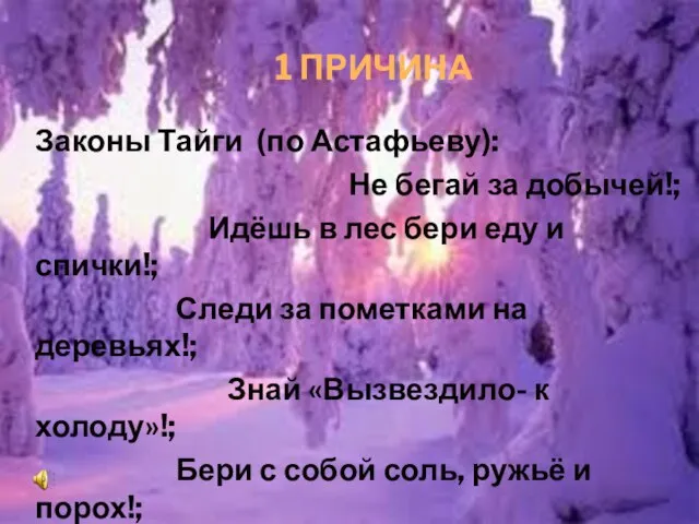 1 ПРИЧИНА Законы Тайги (по Астафьеву): Не бегай за добычей!; Идёшь в